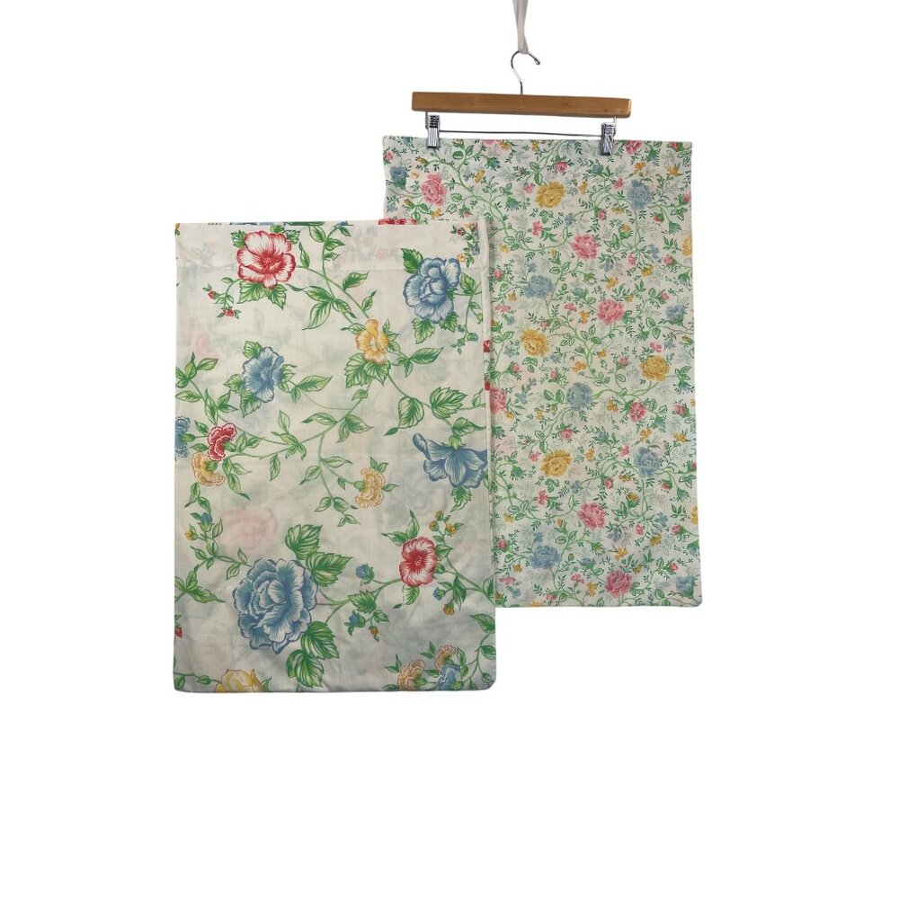 Vintage Pair of Mismatched Floral Pillowcase Standard Size Colorful Retro